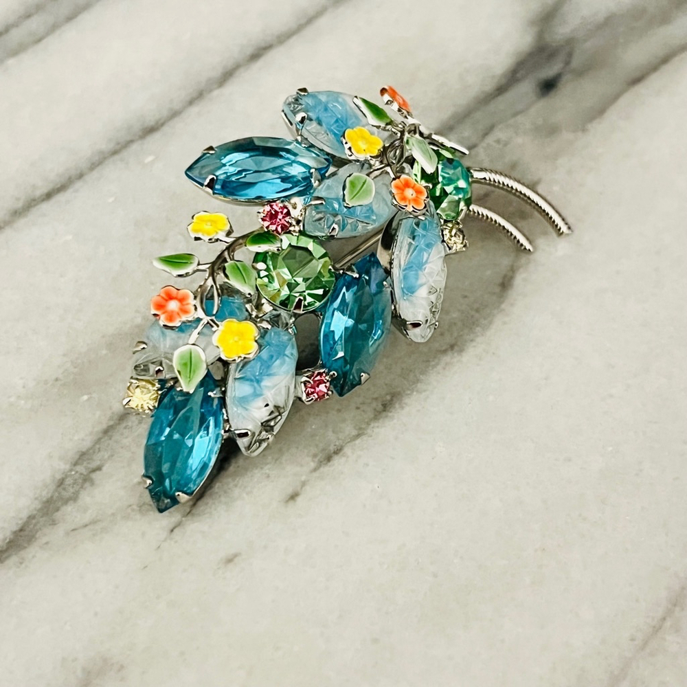 Vintage Blue Crystal Brooch Prong Set Navettes Green‎ Pink Accent Enamel Flower